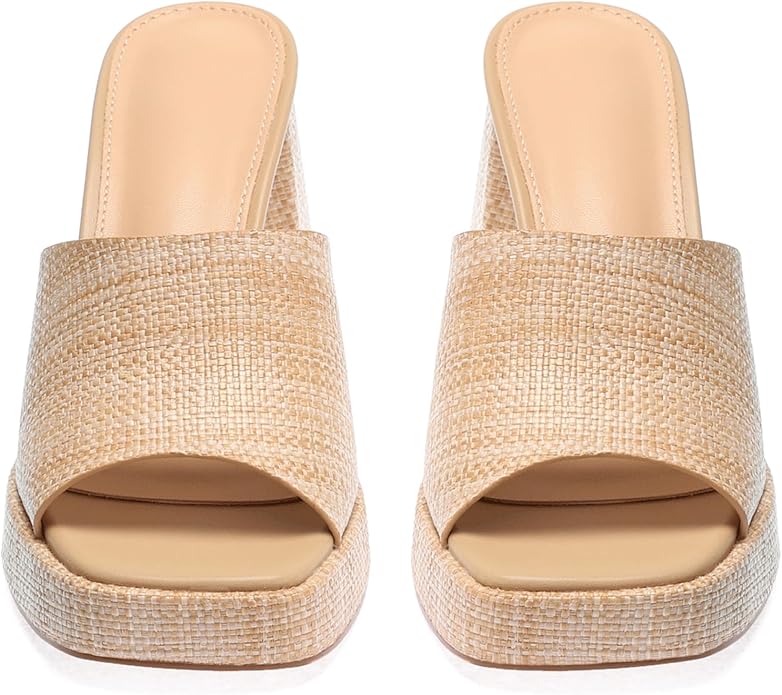 Monrovia Womens Sandals Heels for Women Slide On Block Chunky Platform High Heels Open Toe Raffia Wedge Sandals