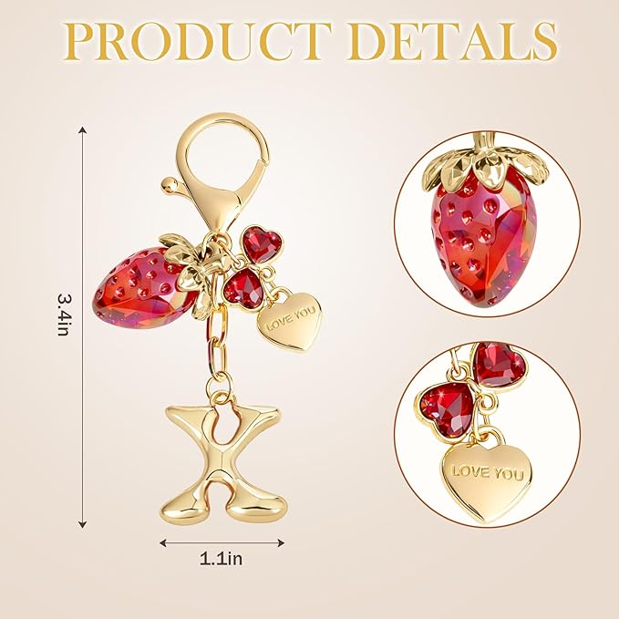 Snycler Bubble Initial Keychain with Strawberry & Bow- Gold Letter Bag Charms for Women, Cute Purse Handbag Accessories