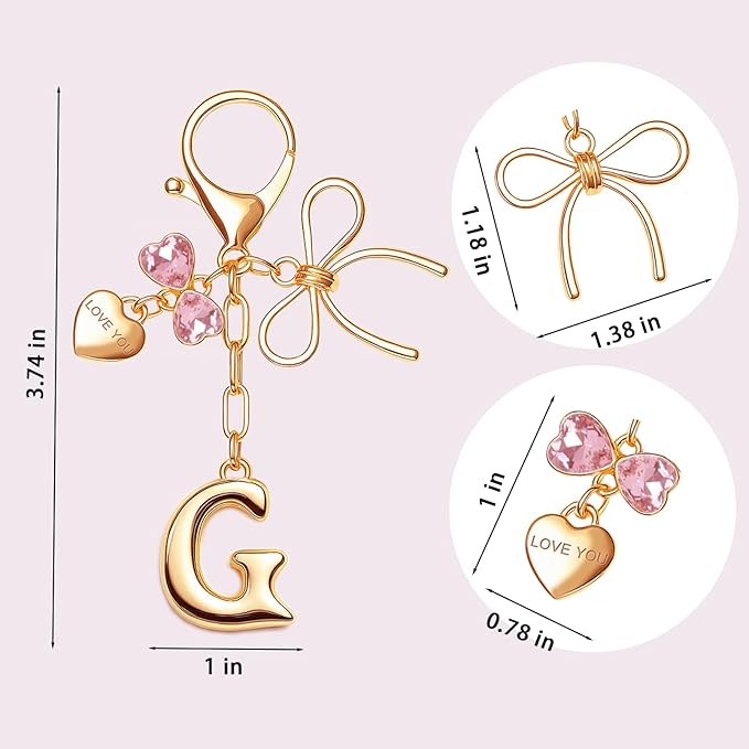 Gold Bubble Initial Keychain with Bow Decoration Bag Charms for Women, Cute Purse Handbag Accessories Gift