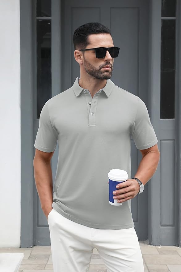 MAGCOMSEN Men's Polo Shirts Short Sleeve Cotton Pique 3 Button Classic Fit Casual T-Shirt Performance Golf Shirts