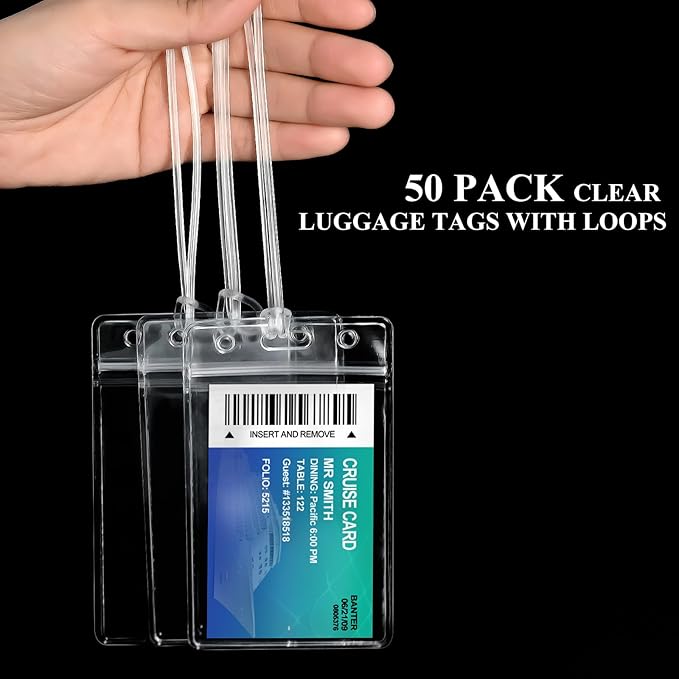 10 Pack Clear Plastic Luggage Bag Tag Holder Badge Label Tag Holder with 10 Pack Luggage Loops Straps for Office Business Travel Supplies