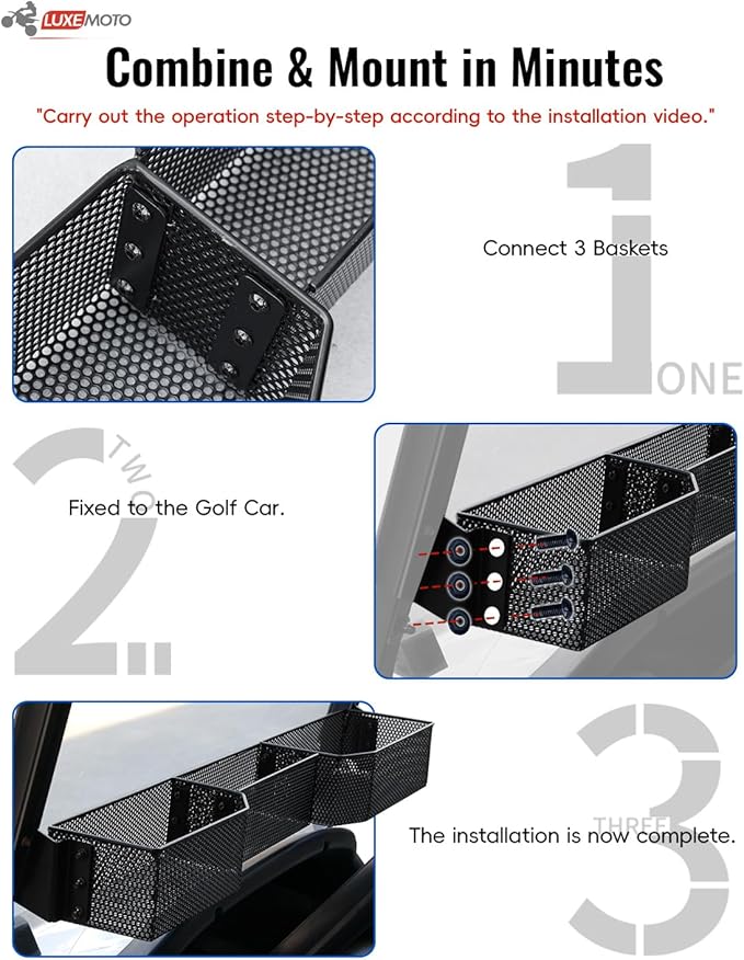 Golf Cart Inner Front Storage Basket for E-Z-GO RXV 2008+, No Drilling Combined Steel Independent Front Inner Dash Tray Storage Organizer for EZGO RXV 2008-2025 Accessories, Black