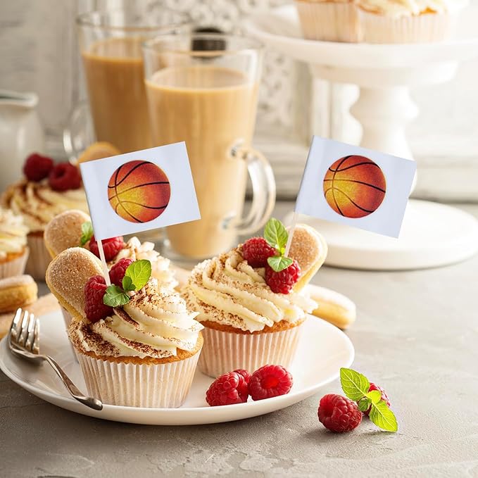 Basketball Cupcake Topper Flags Banner Mini Small Sports Balls Toothpick Stick Flags Sports Ball Game Cake Party Theme Decorations(100Pcs)
