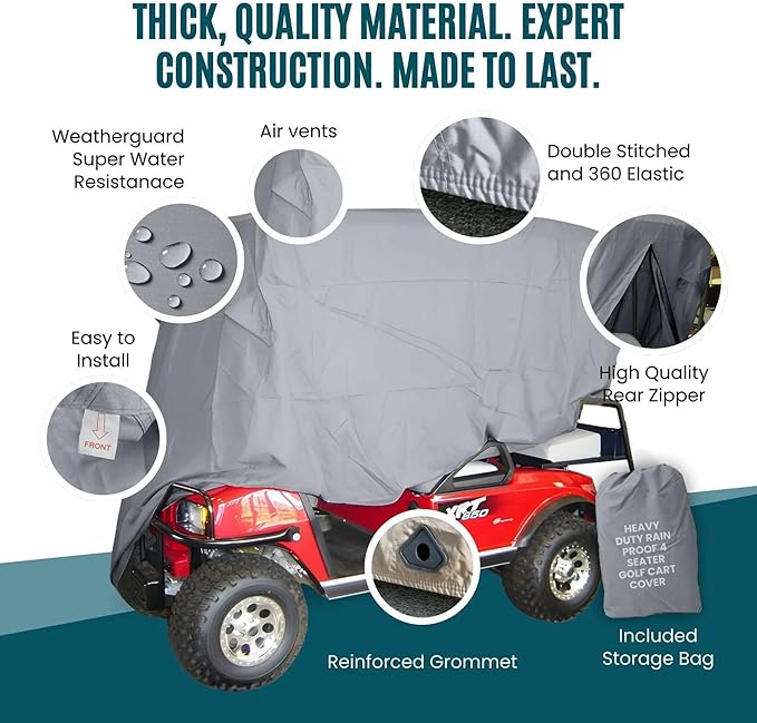 Formosa Covers Deluxe Golf Cart Cover 4 Passenger Extended Roof Premium Golf Cart Accessories All Weather fits 80" Roof 112" L Body EZGO, Club Car, Evolution, Yamaha G, GEM e2 - Grey