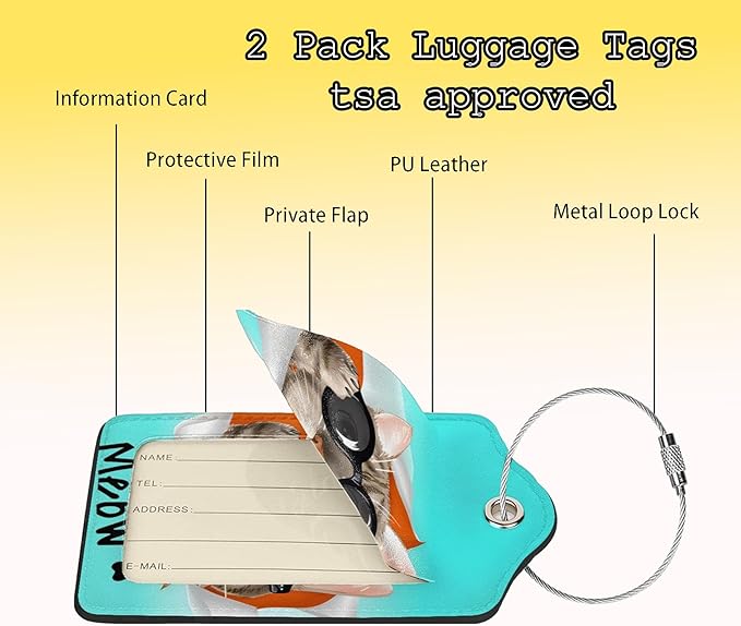 2 Pack Cute Cat Luggage Tags for Kids Girls Women Travel Funny Animal with Sunglasses Print on PU Leather Bag Tags Accessories Privacy Cover ID Label with Stainless Steel Loop for Backpack Suitcase