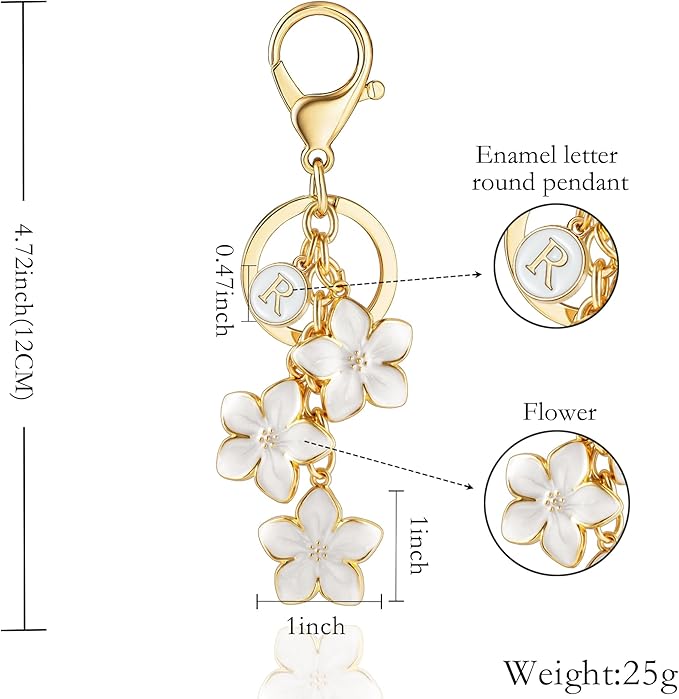 XGALBLA White/Pink/Black Big Cute Flower Initial Letter Keychain for Women, Flower Bag Charms Enameled Keychain Handbag Purse
