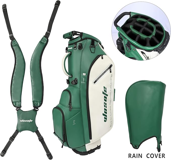 Lightweight 14-Way Golf Stand Bag, PU Leather Golf Bag Waterproof Men Women Full Length Top Dividers, Multiple 8 Pockets Cooler Pouch Adjustable Detachable Shoulder Dual Straps Rain Cover Hood