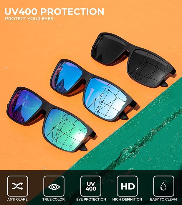 KALIYADI Polarized Sunglasses for Men and Women, Mens Sun Glasses with UV Protection for Driving Fishing Golf (3 Packs)