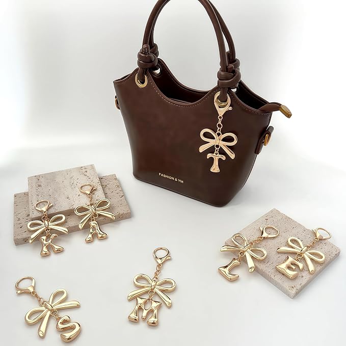 Gold Bubble Heart, Cherry, Bow & More Designs Letter Initial Keychain Bag Charms – Cute Purse Charms for Handbags