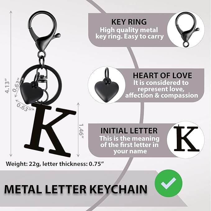 Metal Heart Alphabet Keychain for Women, Girls - Cute Initial Letter Accessories for Purse, Bag Charms and Backpack