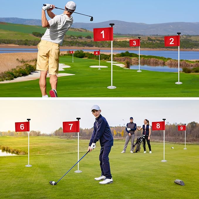 Riakrum 9 Pcs mini golf flags for yard 8.9 x 5.7 Inch 1-9 Nylon golf Pin Flags for putting green with Tube Inserted Numbered Yard Indoor Outdoor hole Backyard Garden Practice