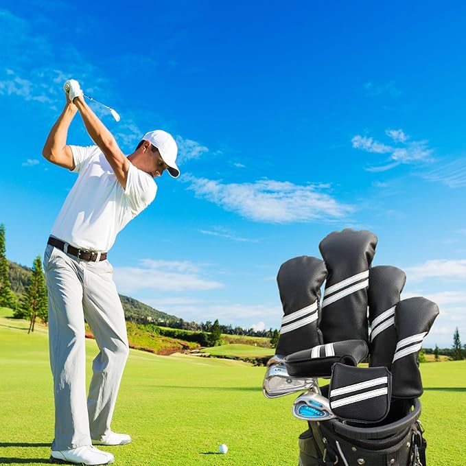 Golf Club Covers,4pcs or 1pc Golf Headcovers for Woods and Driver Fairway Hybrids Women Men - Premium PU Leather with Interchangeable Tags & Magnetic Blade and Mallet Putter Covers