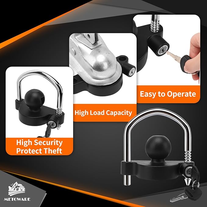 METOWARE Trailer Coupler Lock Universal Adjustable Heavy-Duty Steel Trailer Hitch Lock, Anti Theft Trailer Ball Lock Towing Lock for Towing Trailer Security Fits 1-7/8",2”, 2-5/16" Coupler Black Matte