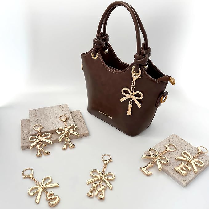 Gold Bubble Heart, Cherry, Bow & More Designs Letter Initial Keychain Bag Charms – Cute Purse Charms for Handbags