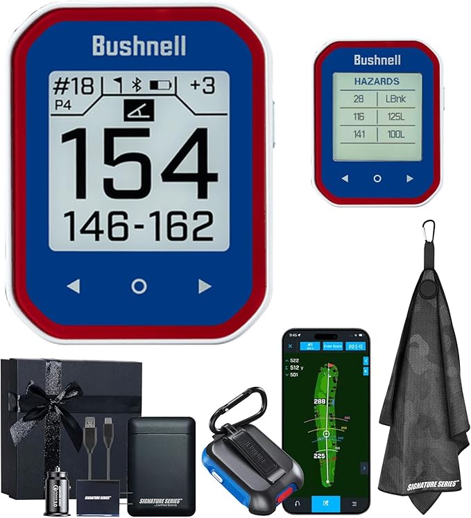 Bushnell Golf Phantom 3 Slope GPS Handlheld (Red/Blue) | 38,000+ Courses, Slope Compensation, Hazard Info, Distance Calculator, Scorekeeping, Magnet Mount, Touchscreen | Signature Series Gift Bundle