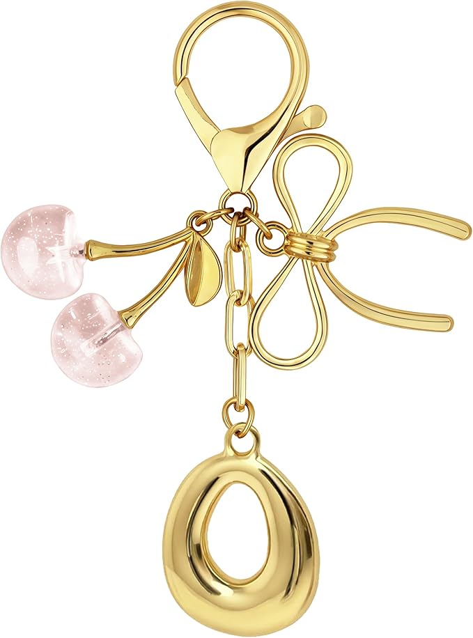 Gold Bubble Heart, Cherry, Bow & More Designs Letter Initial Keychain Bag Charms – Cute Purse Charms for Handbags