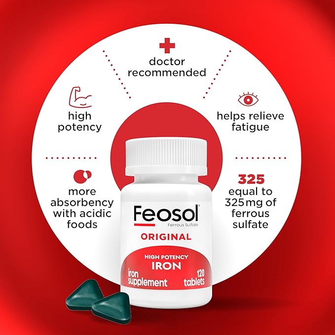 Feosol Original Iron Supplement Tablets,Non-heme 325mg Ferrous Sulfate (65mg Elemental Iron) per Pill, 1 Per Day, 4 Month Supply, for Energy and Immune System Support (120 ct Pack of 2)