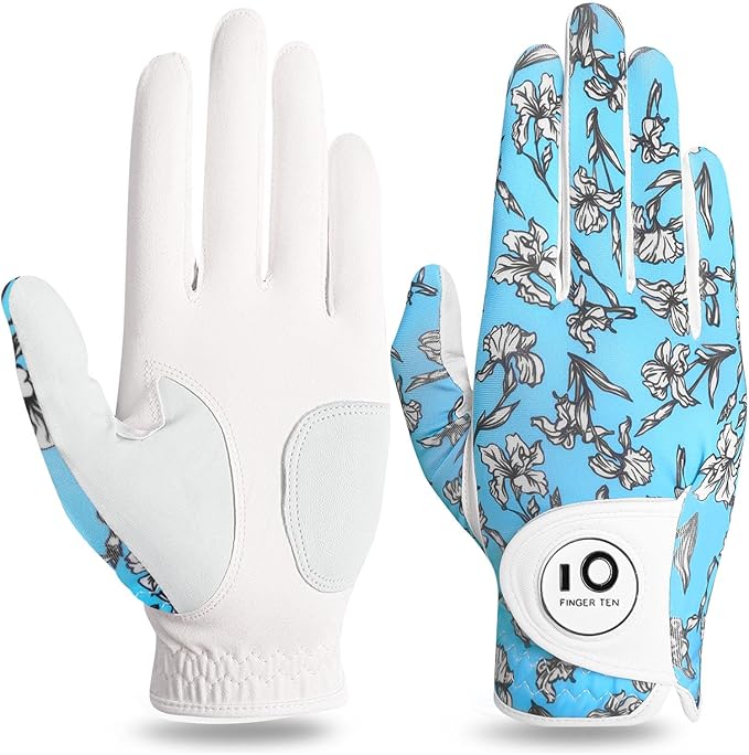FINGER TEN Stylish Golf Gloves Women with Ball Marker 1 Pack for Left or Right Hand, Breathable Glove with Fashion Patterns for Ladies Right Left Handed Golfer