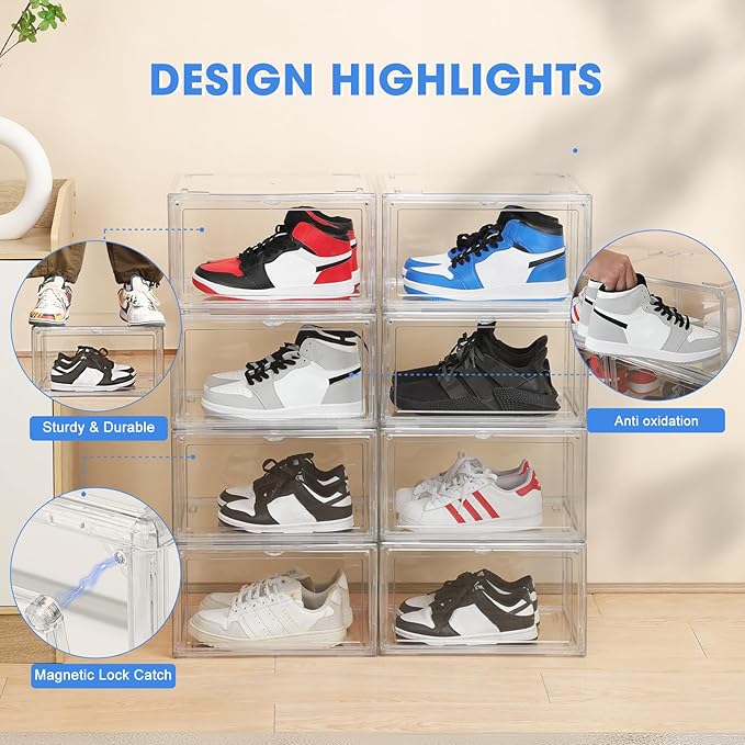 HIYOHIYO 2-Pack Acrylic Clear Stackable Shoe Boxes - 360 Clear Acrylic Display Shoes Boxes - Fully Transparent Display Box with Magnetic Door - Size 14
