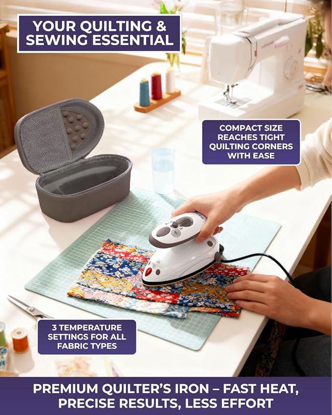The Quilted Bear Premium Mini Steam Iron - Lightweight Mini Travel Iron for Effortless Quilting & Wrinkle-Free Clothes with Carry Case & Iron Rest Set - Travel Steamer for Clothes & Crafts (Black)