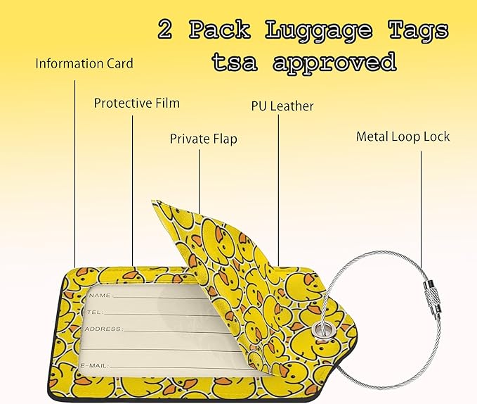 TSA Approved Luggage Tags for Suitcases Cartoon Rubber Ducky 2 Pack Funny Leather Carnival Cruise Airport Cute Travel Name Tags Golf Bag tag Ships Essentials Privacy Cover ID Label for Women Men