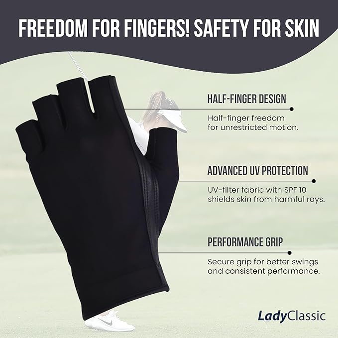 Solar Tan Women’s Half Golf Glove | SPF 10 UV-Filter Fabric, Breathable Cooling Fingerless Design for Even Tan