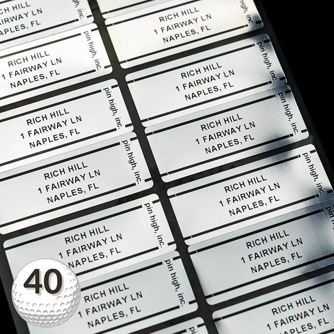 PIN HIGH 40 Personalized Golf Club Name Labels | Weatherproof, Fade Resistant, Laminated Thermal Transfer Custom ID Labels, Made in The USA, (Free Customization & Shipping), Chrome
