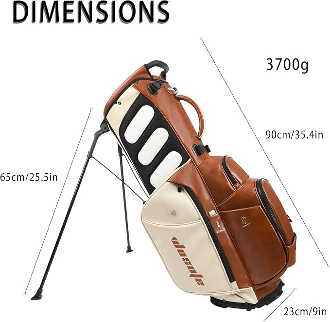 Lightweight 14-Way Golf Stand Bag, PU Leather Golf Bag Waterproof Men Women Full Length Top Dividers, Multiple 8 Pockets Cooler Pouch Adjustable Detachable Shoulder Dual Straps Rain Cover Hood