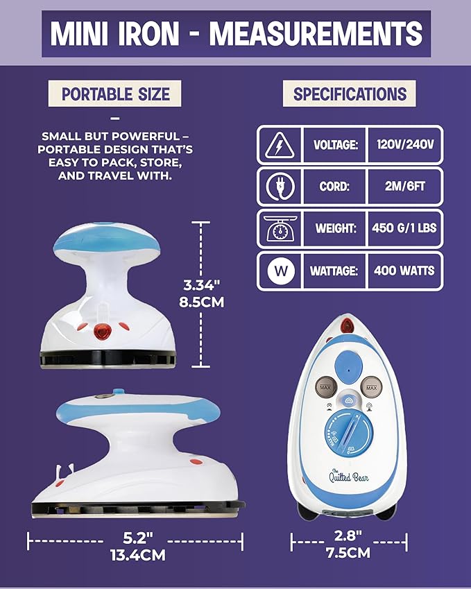The Quilted Bear Mini Iron, Rest & Ironing Mat - Lightweight Mini Steam Iron with Hard Shell Travel Case, Rest & Ironing Mat - Travel Essentials for Wrinkle Free Clothes & Effortless Quilting (Blue)