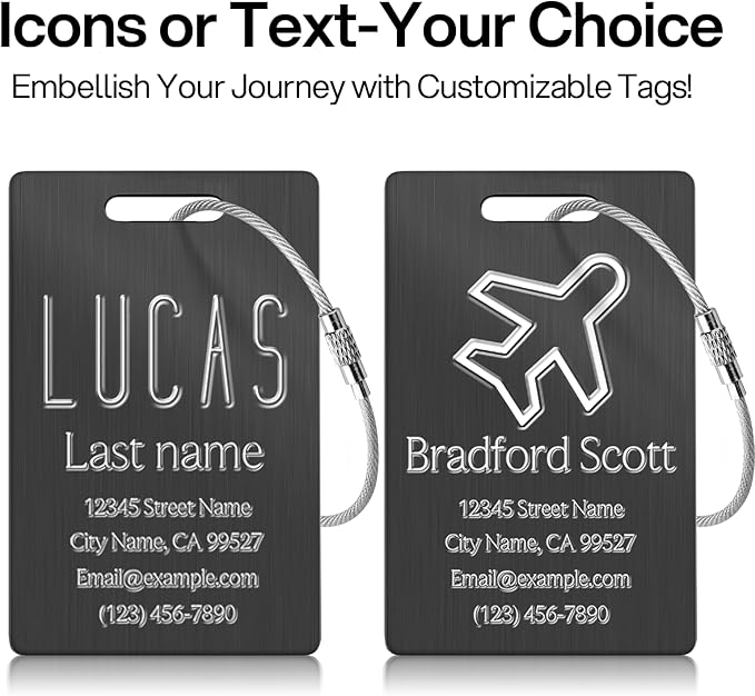 Personalized Luggage Tags - Custom Metal Luggage Tags for Suitcases, Backpacks and Bags with Your Personalized Club Logo Text (Black)