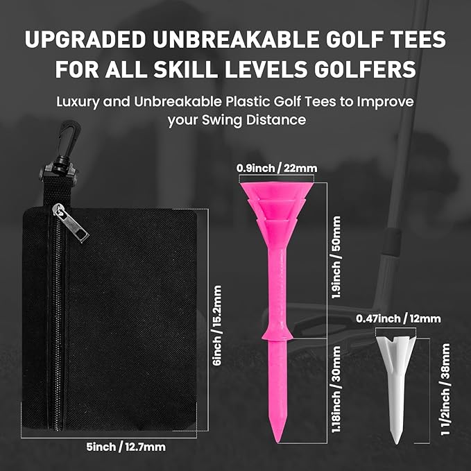 FINGER TEN Golf Tees Plastic Unbreakable 30 Tees 3 1/4 Inch and 20 More Short Tees 1 1/2 Inch with Black Golf Tee Bag, Easy to Find Value Gift Set
