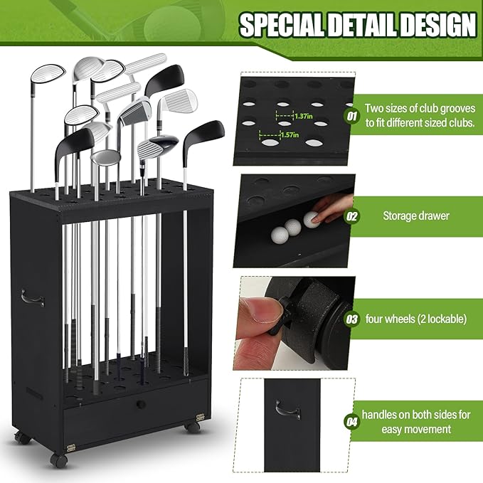 27 Hole Golf Club Stand Holder Wooden Golf Club Organizer Putter Display Rack with Storage Drawer and Wheel for Indoor Home Office Simulator Garage