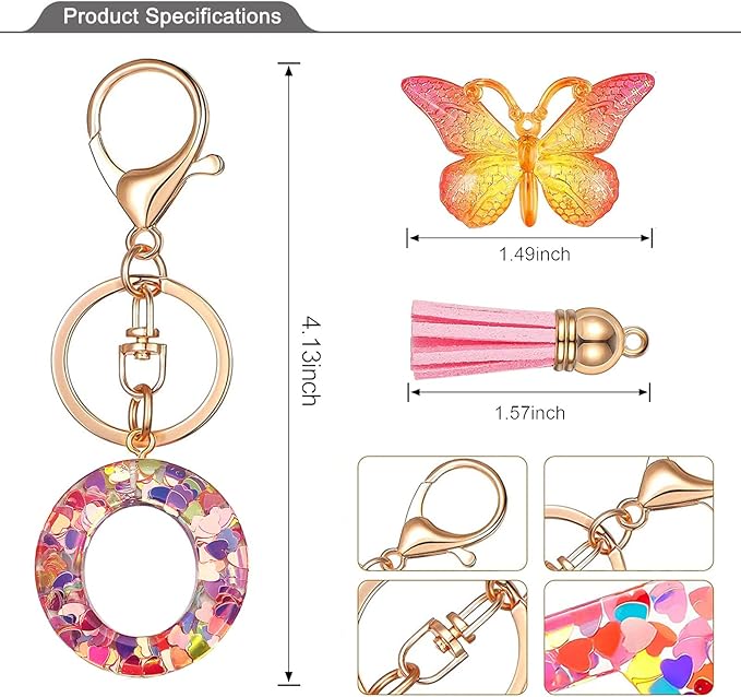 JINGUAZI Initial letter Keychains for Women Tassel Butterfly Pink Purple Cute Car Keychain for Wallet Backpack bag charm