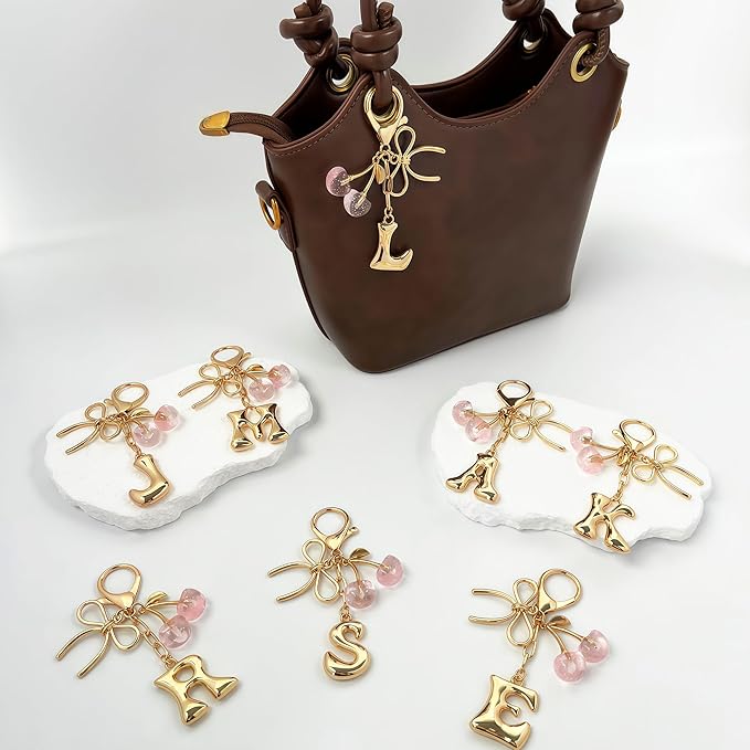 Gold Bubble Heart, Cherry, Bow & More Designs Letter Initial Keychain Bag Charms – Cute Purse Charms for Handbags