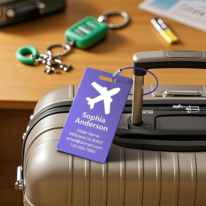 Personalized Metal Luggage Tags, Custom Suitcase Aluminum Name Tags with 5.9in Steel Ring, Laser Engraved Text and Logo, for Travel Gift, Baggage, Golf Bag (Purple)