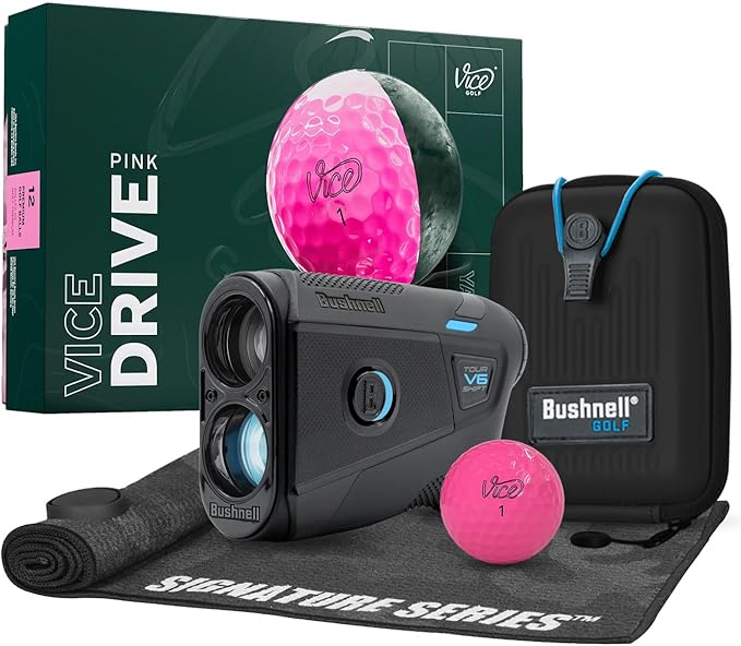 Bushnell Golf Tour V6 Shift Laser Rangefinder with Vice Balls | Slope Compensation, PinSeeker, Magnetic Mount, 1300 YD Range, 6X Magnification | Signature Series Golf Towel