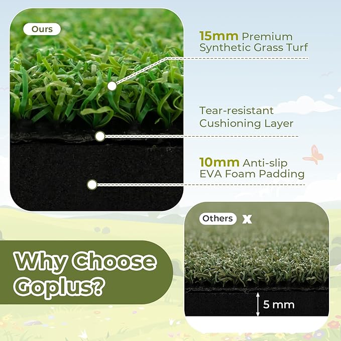 Goplus Golf Mat, 5x3ft/5x4ft Golf Hitting Mat 20/25/27/32mm Thick w/2 Alignment Sticks & 2 Golf Tees, Portable Artificial Turf Grass Training Mat Practice for Indoor Outdoor