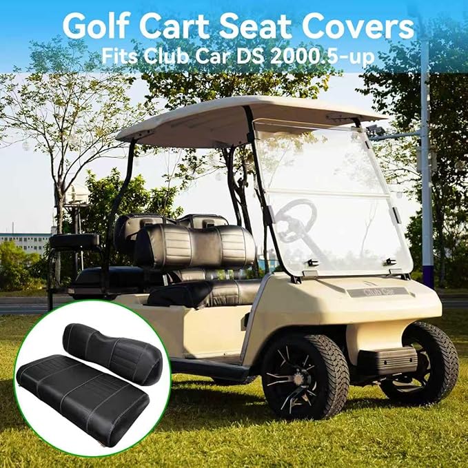 Golf Cart Seat Covers fits Club Car Precedent/DS/EZGO RXV/TXT/Yamaha Front Rear Seat Cushion，Black Leather Custom Stripe Soft Comfortable/Anti-Scratch/Easy to Clean