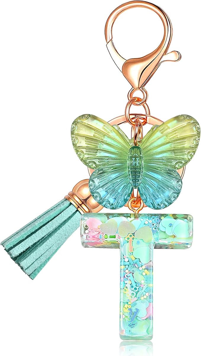 JINGUAZI Initial letter Keychains for Women Tassel Butterfly Pink Purple Cute Car Keychain for Wallet Backpack bag charm