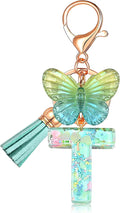 JINGUAZI Initial letter Keychains for Women Tassel Butterfly Pink Purple Cute Car Keychain for Wallet Backpack bag charm