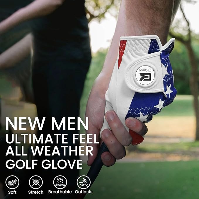 Golf Gloves Men Right Handed Golfer Left Hand Leather Stylish Value 2 Pack with Ball Marker, Mens Golf Glove All Weather Grip, Size Small Medium ML Large XL