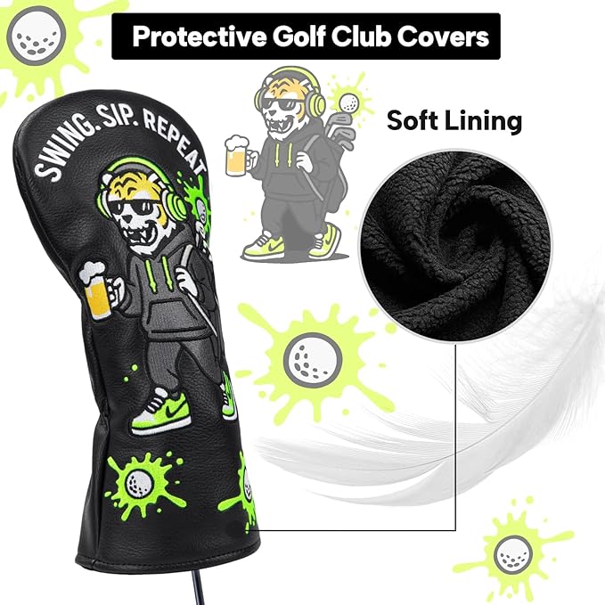 Golf Club Covers Funny Tiger Driver Cover Fariway Wood Headcover Hybrid Cover Leather Golf Headcover for Most Brand