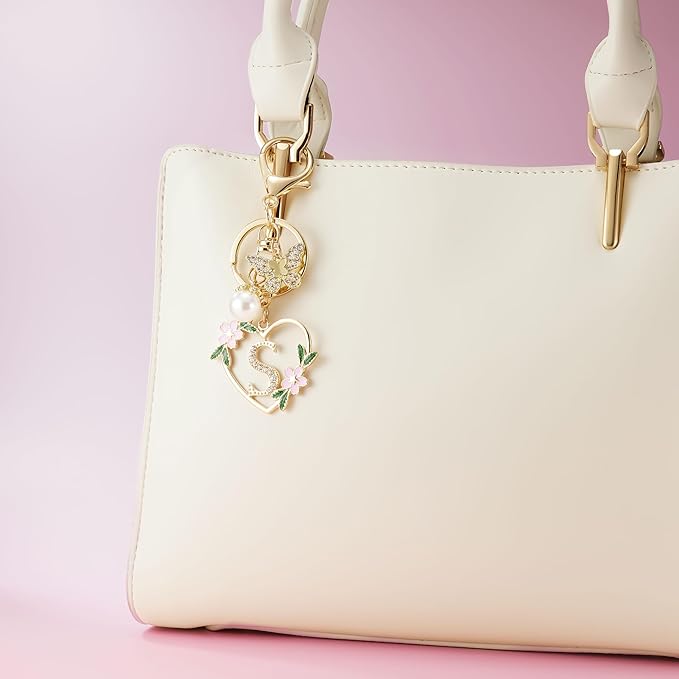 Gold Heart Initial Letter Keychain for Women Key chain Keyring for Purse Handbags Backpack Charm