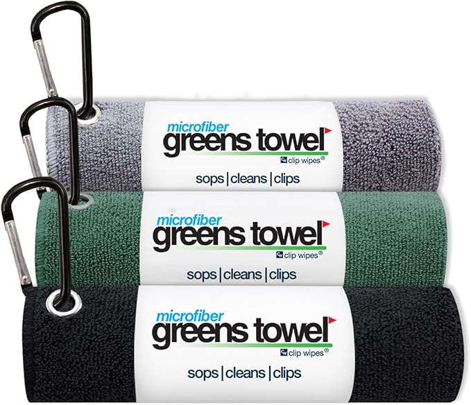3 Pack Golf Towel Set for Golf Bags with Clip, Plush Microfiber Nap Fabric, 16x16, The Original, Multiple Colors (Grey-Black-Green)