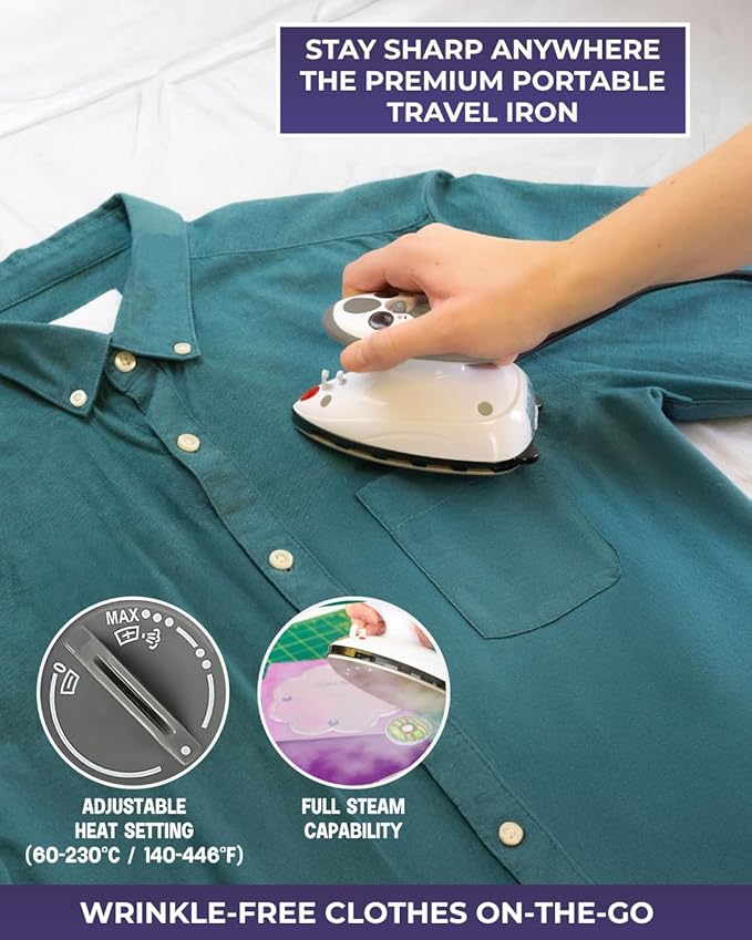 The Quilted Bear Premium Mini Steam Iron - Lightweight Mini Travel Iron for Effortless Quilting & Wrinkle-Free Clothes with Carry Case & Iron Rest Set - Travel Steamer for Clothes & Crafts (Black)