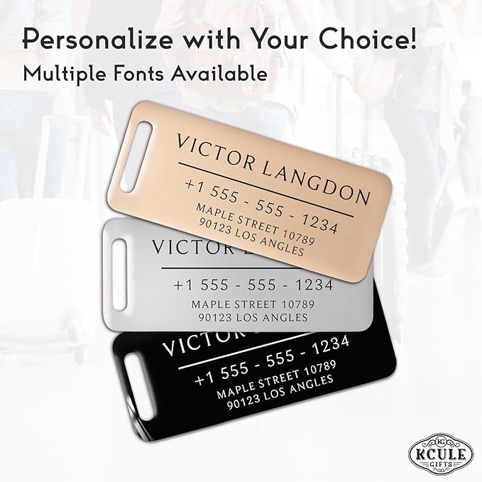 Personalized Luggage Tags for Suitcases 4 Pack - Stainless Steel Custom Luggage Tags for Backpacks & Bags, Sturdy, Waterproof & Heavy Duty (Black / 3" x 1.25")