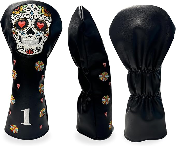 Colorful Skeleton Embroidery Club Covers Driver Headcovers Fairway Wood Cover Hybrid Head Cover Leather 3 Wood Headcover Golf Club Covers for Most Brand.