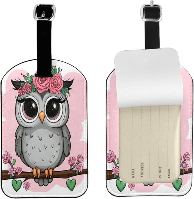 Cute Owl Luggage Tag for Suitcases,Cartoon Girl Owl Flowers Pink PU Leather Baggage Tags Bag Tags Travel Id Label for Luggage Women Men -1 Piece