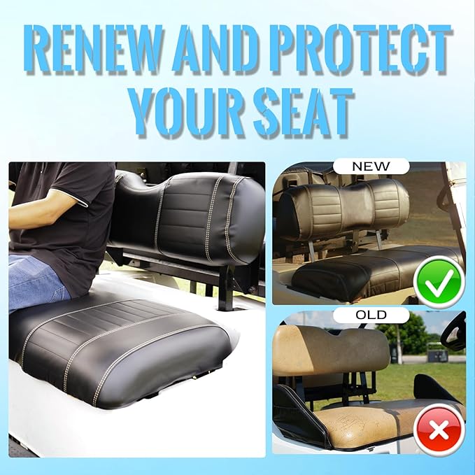 Golf Cart Seat Covers fits Club Car Precedent/DS/EZGO RXV/TXT/Yamaha Front Rear Seat Cushion，Black Leather Custom Stripe Soft Comfortable/Anti-Scratch/Easy to Clean