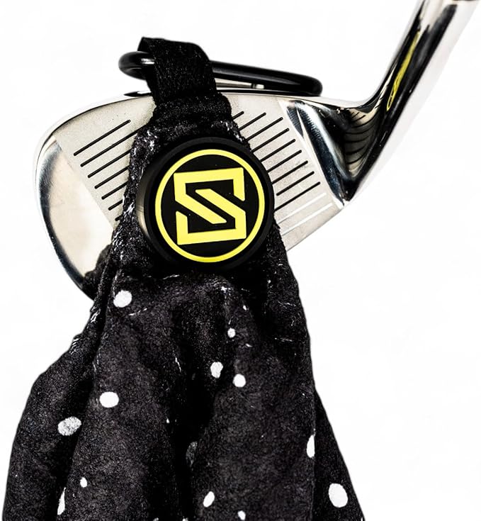 Premium Magnetic Golf Towel | Super Strong Magnet | Absorbent Microfiber Waffle Design | Built-in Silicone Brush | Golf Towels for Golf Bags (Black w/White Drip)